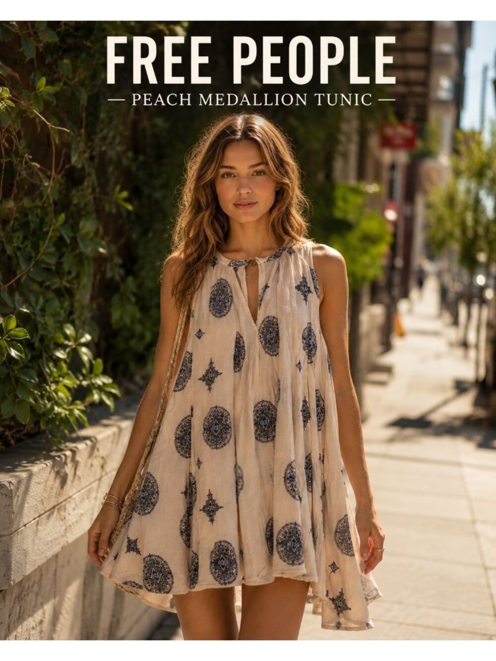 Free People Peach Medallion Tunic Dress S Boho Flowy Sleeveless Swing Mini